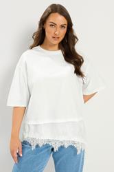 YOURS Plus Size White Satin Lace Trim T-Shirt | Yours Clothing 3