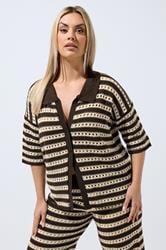 LIMITED COLLECTION Plus Size Chocolate Brown Stripe Crochet Shirt | Yours Clothing 3