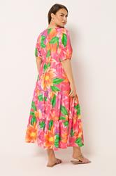 YOURS Curve Pink Floral Puff Sleeve Tiered Maxi Dress | Yours Clothing 2