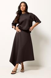 PixieGirl Petite Women's Chocolate Brown Asymmetric Hem Midi Skirt | PixieGirl 3