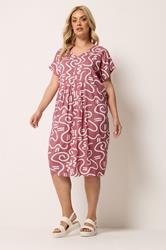 YOURS Plus Size Pink Abstract Print Pleat Front Midi Dress | Yours Clothing 1