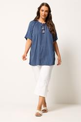 YOURS Plus Size Navy Blue Stripe Notch Neck Embroidered Blouse | Yours Clothing 1