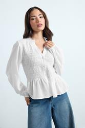 PixieGirl Petite Women's White Shirred Long Sleeve Shirt | PixieGirl 3