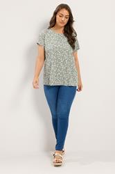 YOURS Plus Size Sage Green Ditsy Floral Basic T-Shirt | Yours Clothing 1
