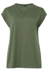 YOURS Curve Khaki Green V-Neck Basic T-Shirt