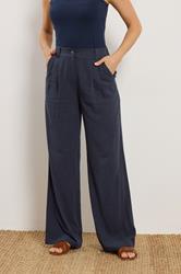 LTS Tall Women's Navy Blue Linen Pleated Wide Leg Trousers | Long Tall Sally 1