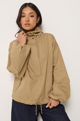 PixieGirl Petite Women's Stone Brown Half Zip Hooded Windbreaker Jacket | PixieGirl  3