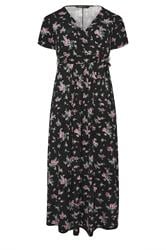 YOURS Curve Black & Pink Floral Wrap Front Dress