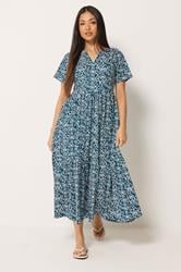 M&Co Petite Teal Blue Tile Print Cotton Midi Dress | M&Co 1