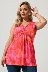 YOURS LONDON Plus Size Pink Abstract Sleeveless Knot Front Top | Yours Clothing 3