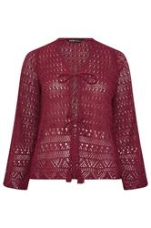 YOURS Curve Burgundy Red Pointelle Knitted Tie Cardigan