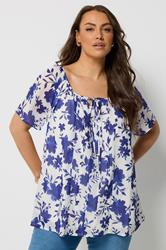 YOURS Plus Size Dark Blue Floral Short Sleeve Pintuck Blouse | Yours Clothing 3