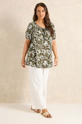 EVANS Plus Size Green Khaki Leaf Print Cotton Top | Evans 1