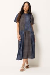 PixieGirl Petite Women's Navy Blue & Brown Check Midi Dress | PixieGirl 3