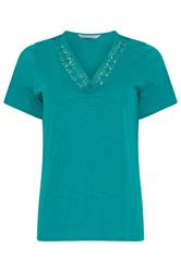 M&Co camiseta azul turquesa con ribete de encaje, escote de pico y de algodón