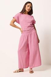 PixieGirl Petite Women's Pink Cotton Cheesecloth Cropped Wide Leg Trousers | PixieGirl 1
