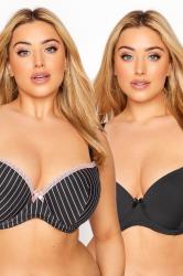 Plus Size 2 Pack Black Pinstripe Padded Underwired T-Shirt Bras