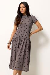 PixieGirl Petite Women's Chocolate Brown Polka Dot Drop Waist Maxi Dress | PixieGirl 1