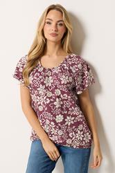 M&Co Berry Red Floral Cotton Scoop Neck Top | M&Co 3