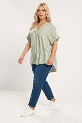 YOURS Plus Size Green Stripe Tab Detail Shirt | Yours Clothing 1