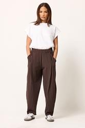 PixieGirl Petite Women's Chocolate Brown Pinstripe Barrel Leg Trousers | PixieGirl 3