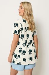 YOURS Plus Size Cream Floral Button Front Ribbed Swing Top | Yours Clothing 2