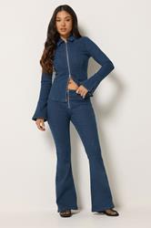 PixieGirl Petite Women's Indigo Blue Zip Front Kick Flare Jeans | PixieGirl  3