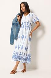 M&Co Petite White & Blue Broderie Cotton Dress | M&Co 1