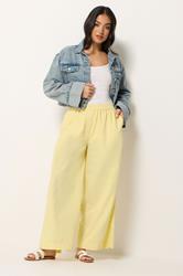 PixieGirl Petite Women's Yellow Button Linen Wide Leg Trousers | PixieGirl 3