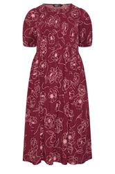 YOURS Curve Red Floral Swirl Puff Sleeve Shirred Dress
