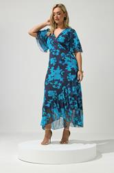 YOURS LONDON Plus Size Navy Blue Floral Mesh Ruffle Hem Dress | Yours Clothing 1
