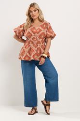 YOURS Plus Size Orange Abstract Puff Sleeve Blouse | Yours Clothing 1