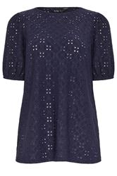 LTS Tall Women's Navy Blue Broderie Anglaise Puff Sleeve Top | Long Tall Sally 5