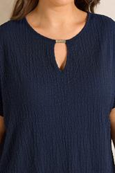 EVANS Curve Navy Blue Grown On Sleeve Textured Top | Evans 4