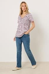 M&Co Pink Floral Short Sleeve Henley Top | M&Co 1