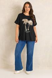 EVANS Plus Size Black Sequin Embellished Palm Trees Graphic T-Shirt | Evans  1