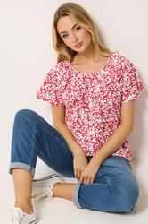 M&Co Red Ditsy Floral Cotton Scoop Neck Top | M&Co 3