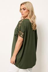YOURS Curve Khaki Green Crochet Sleeve Boxy T-Shirt | Yours Clothing 2