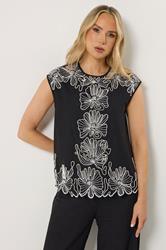 LTS Tall Women's Black Floral Embroidered Linen Top | Long Tall Sally 1