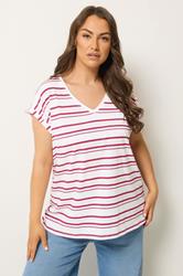 YOURS Plus Size White & Pink Stipe V-Neck T-Shirt | Yours Clothing 3