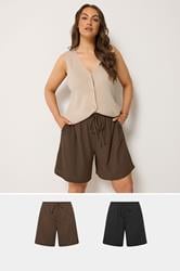 YOURSET Curve 2 PACK Black & Brown Crinkle Shorts | Yours Clothing 1