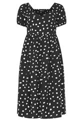YOURS Curve Black Polka Dot Puff Sleeve Linen Dress