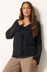 YOURS Plus Size Black Pointelle Knitted Tie Cardigan | Yours Clothing 3