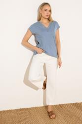 LTS Tall Women's Mid Blue Lace Cotton V-Neck T-Shirt | Long Tall Sally 1