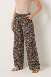 LTS Tall Women's Chocolate Brown Palm Print Wide Leg Linen Trousers | Long Tall Sally 1