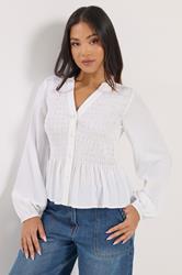PixieGirl Petite Women's White Shirred Long Sleeve Shirt | PixieGirl 1