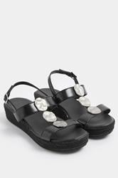 Black Hammered Disk Wedge Sandals In Wide E Fit