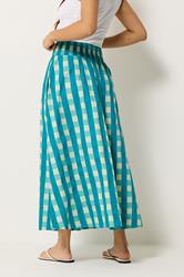 PixieGirl Petite Women's Teal Green Check Cotton Shirred Midi Skirt | PixieGirl 2
