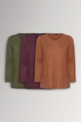 YOURS 3 PACK Plus Size Brown & Khaki Green Long Sleeve V-Neck T-Shirts| Yours Clothing 3