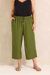 EVANS Plus Size Green Linen Cropped Trousers | Evans 1
